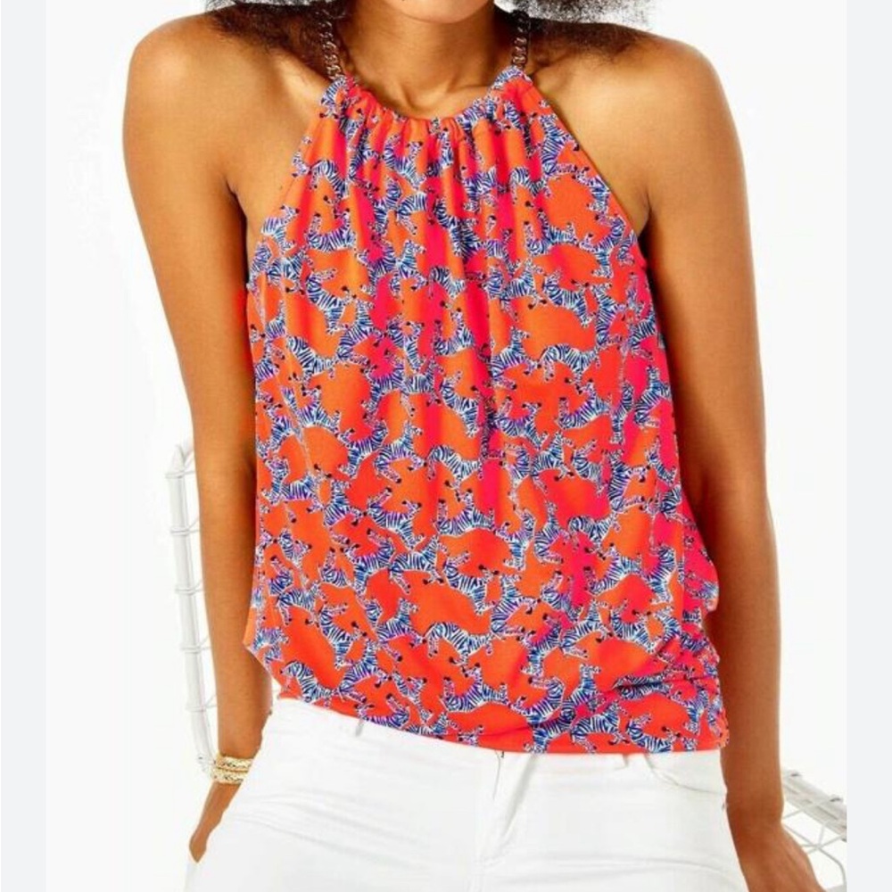 XXS Lilly Pulitzer zebra print halter top with chain detail
